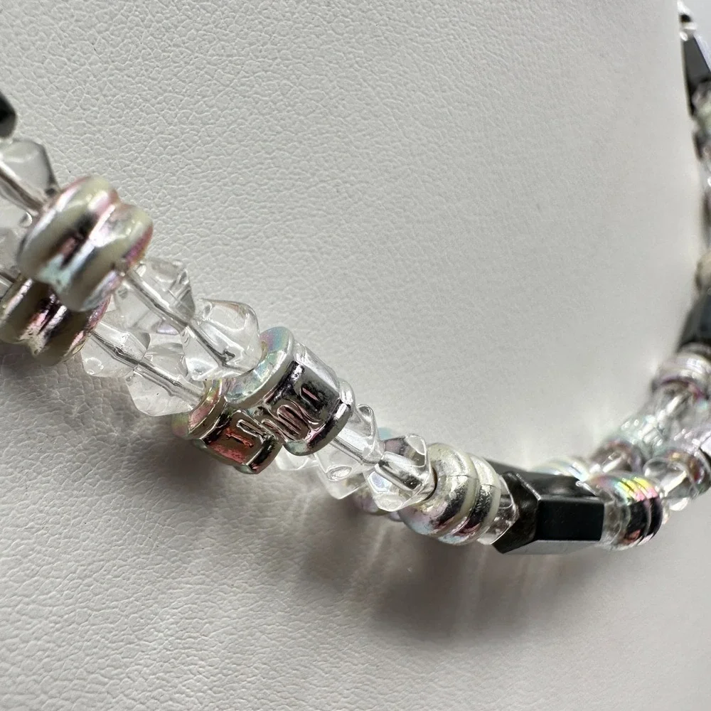 Vintage‎ 90s Silver Tone Clear Glass & Hematite Beaded Necklace Women's Jewelry